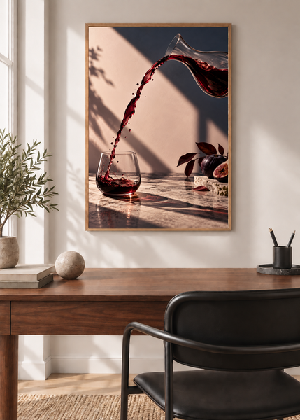 Crimson Pour, framed 50 by 70 centimetre art print styled in a modern interior