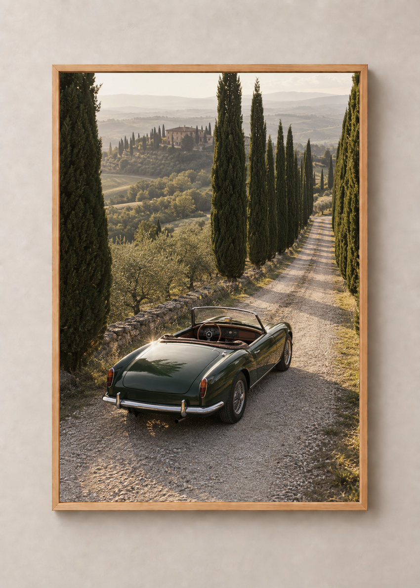 Cypress Roadster, framed 50 by 70 centimetre art print in natural wood