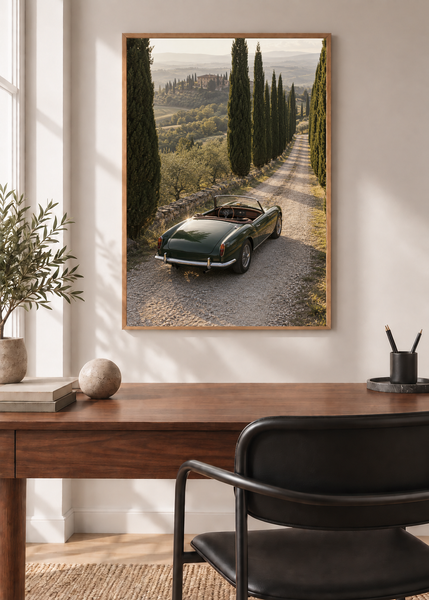 Cypress Roadster, framed 50 by 70 centimetre art print styled in a modern interior