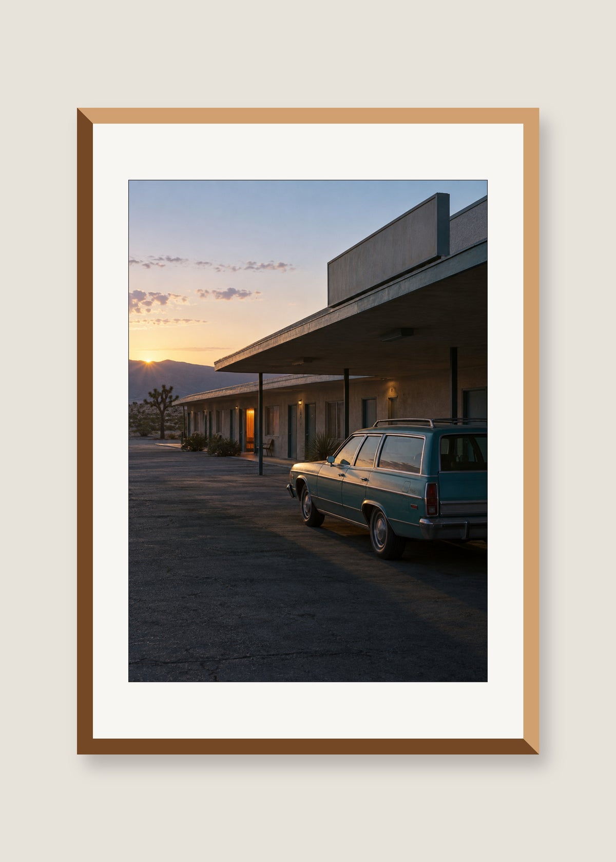 Desert Motel at Six, White mat with natural oak frame