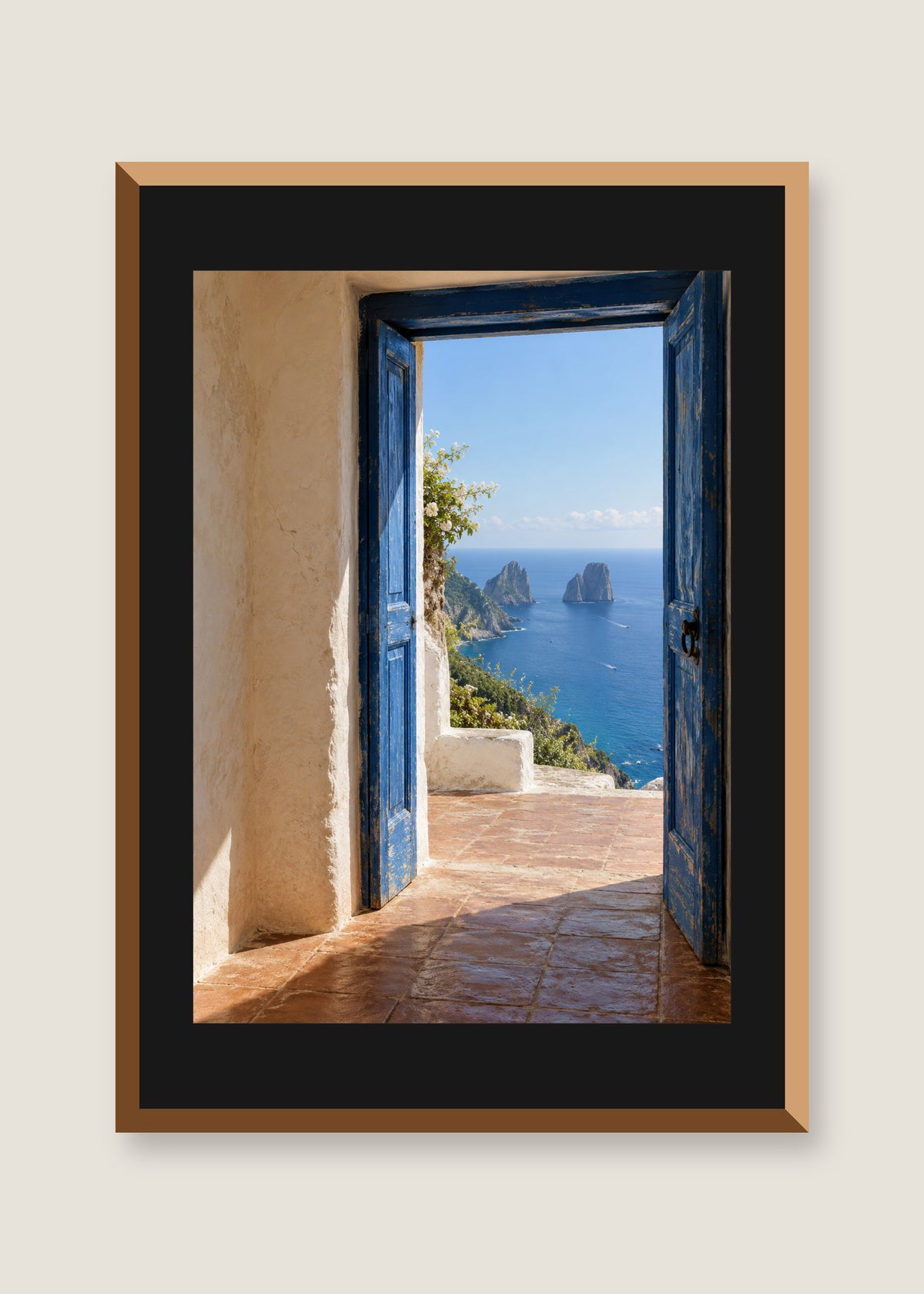 Doorway to Capri, Black mat with natural oak frame