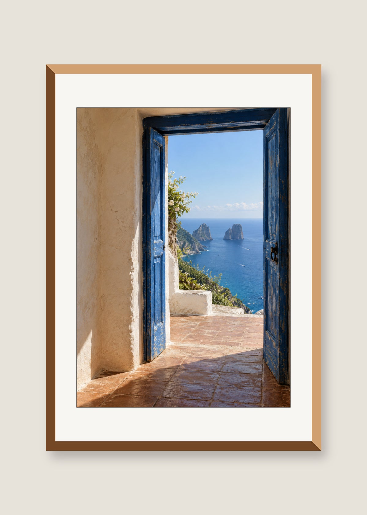 Doorway to Capri, White mat with natural oak frame