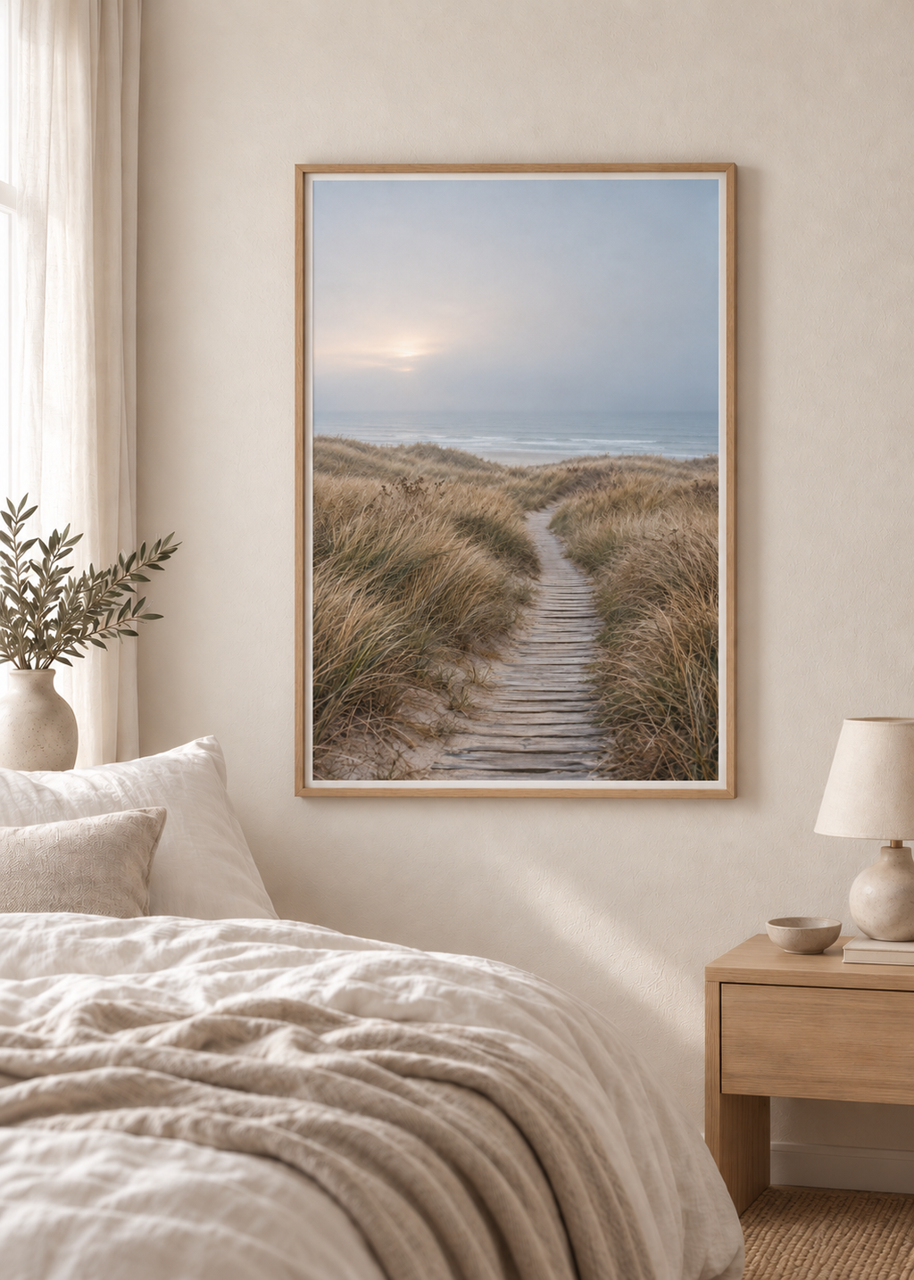 Dune Passage No. 01 shown in a correctly proportioned 50 x 70 cm oak frame