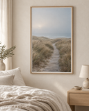 Dune Passage No. 01 framed in a neutral Scandinavian bedroom