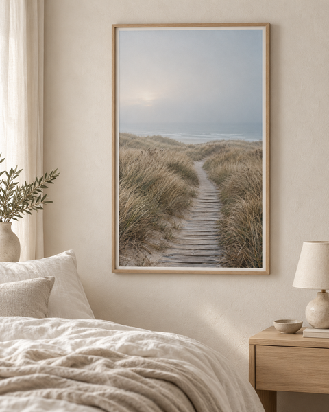 Dune Passage No. 01 framed in a neutral Scandinavian bedroom