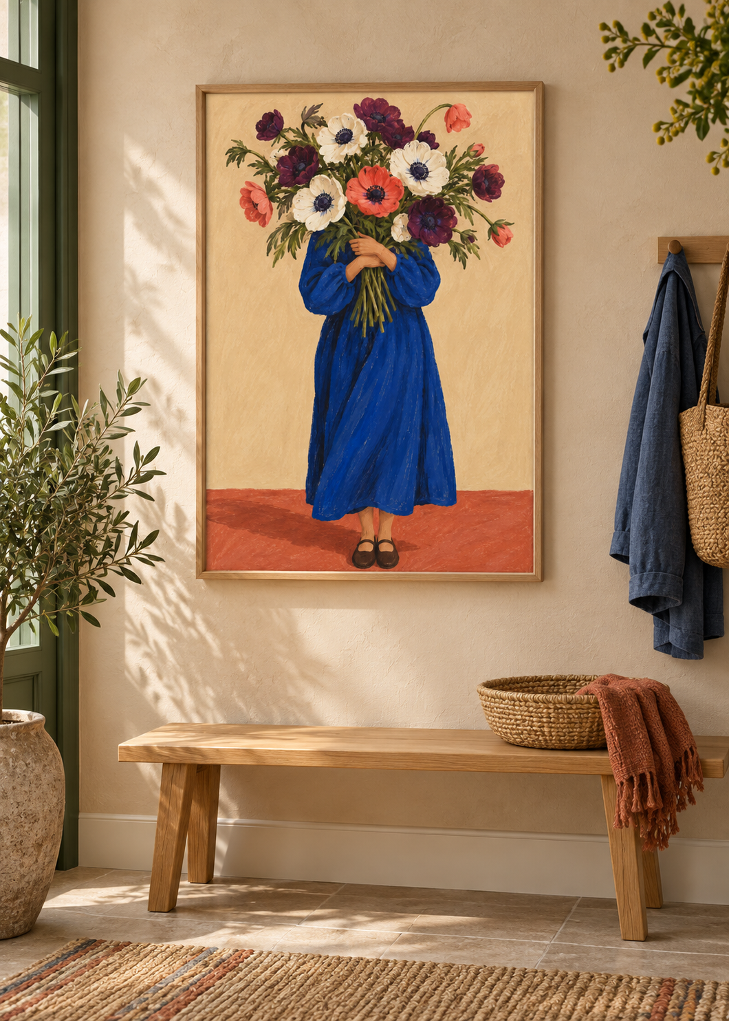 Embrace of Anemones framed art print in a Nordic entryway