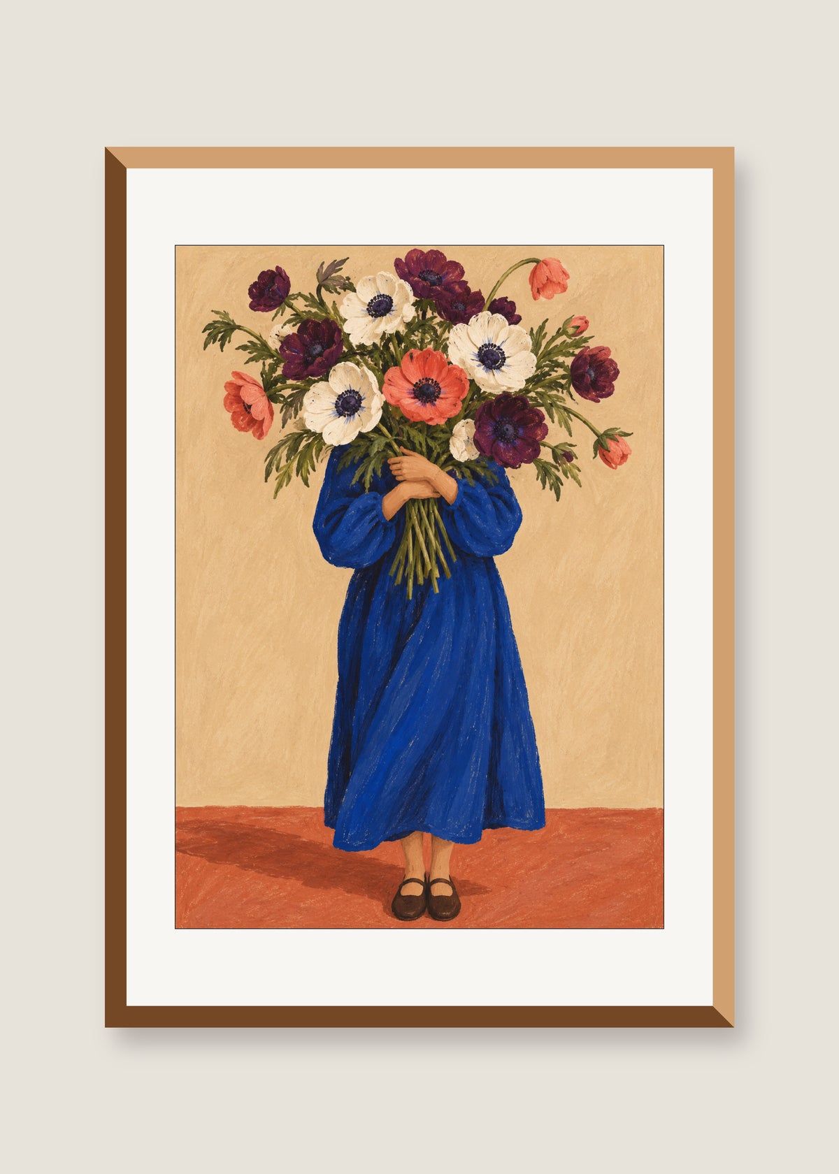 Embrace of Anemones, White mat with natural oak frame