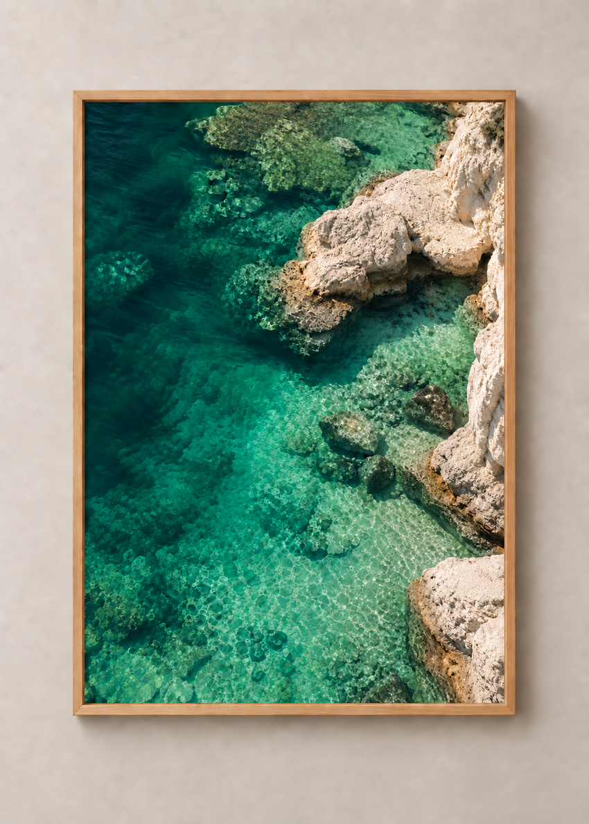 Emerald Cove, framed 50 by 70 centimetre aerial coastal art print in natural wood