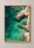 Emerald Cove, framed 50 by 70 centimetre aerial coastal art print in natural wood