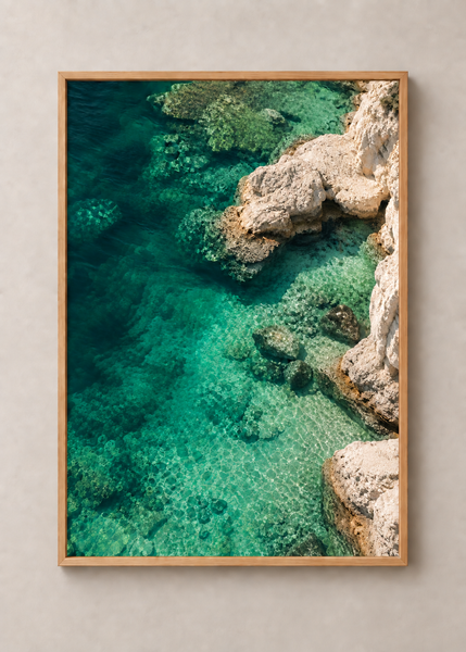 Emerald Cove, framed 50 by 70 centimetre aerial coastal art print in natural wood