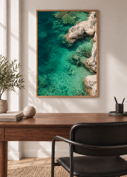 Emerald Cove, framed 50 by 70 centimetre coastal art print styled in an interior