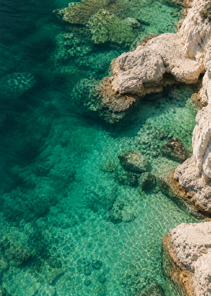 Emerald Cove, artwork-only aerial coastal photograph of clear emerald water and pale rock