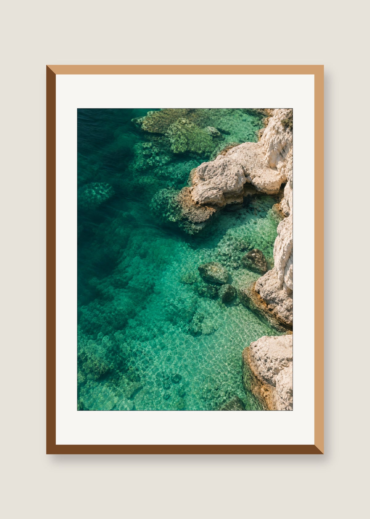 Emerald Cove, White mat with natural oak frame