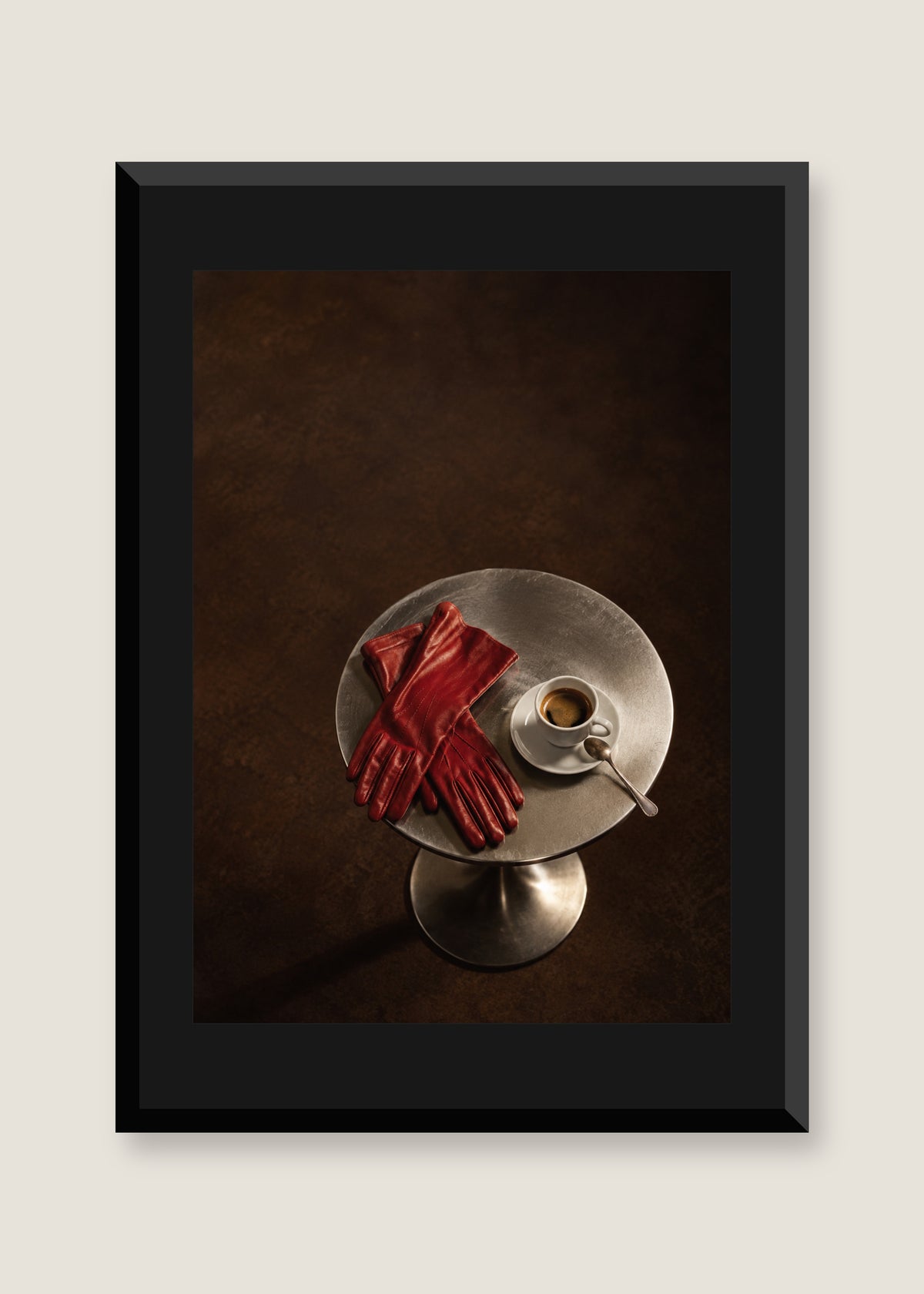 Espresso and Red Gloves, Black mat with black frame