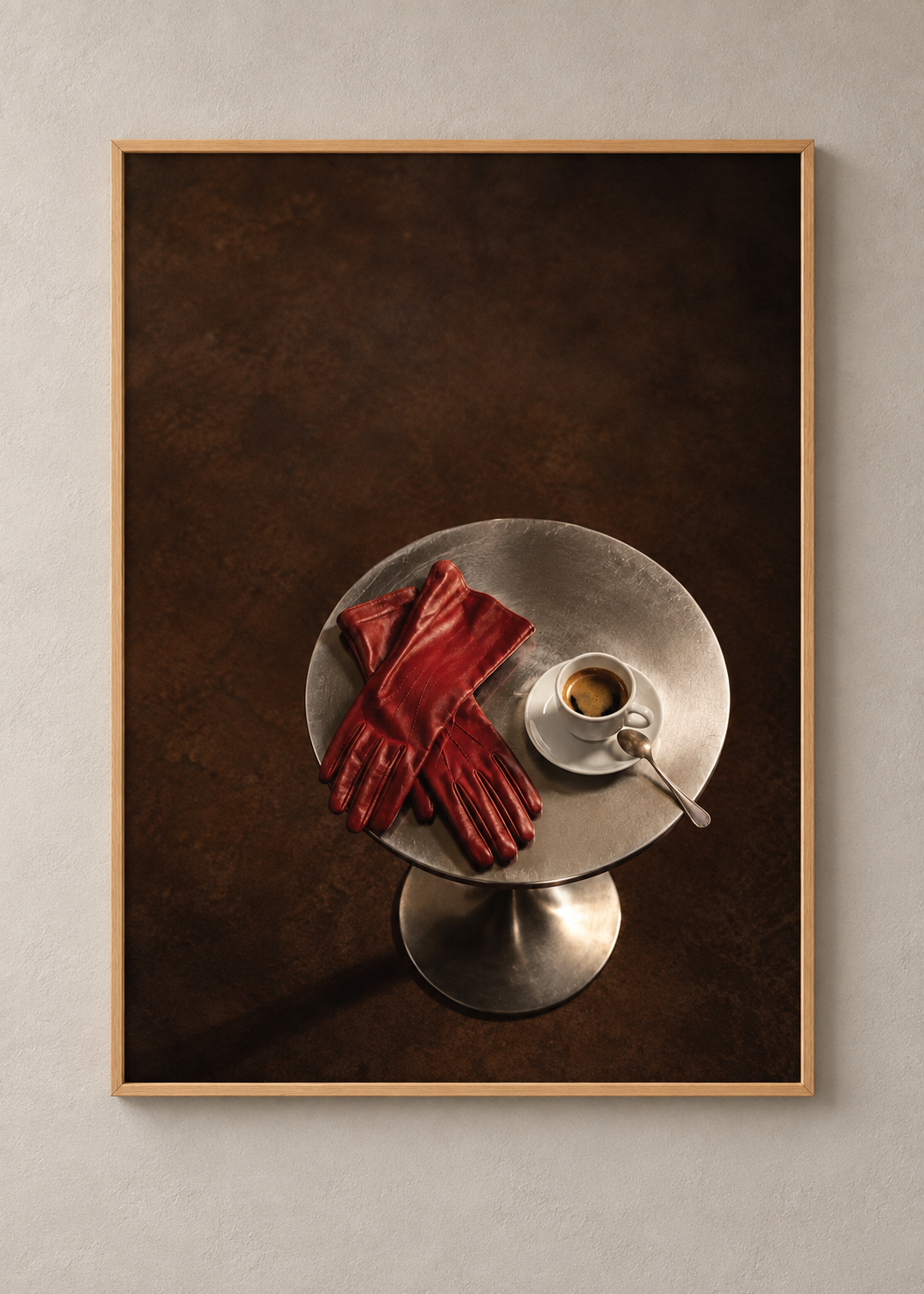 Espresso and Red Gloves framed natural oak 50 x 70 cm art print