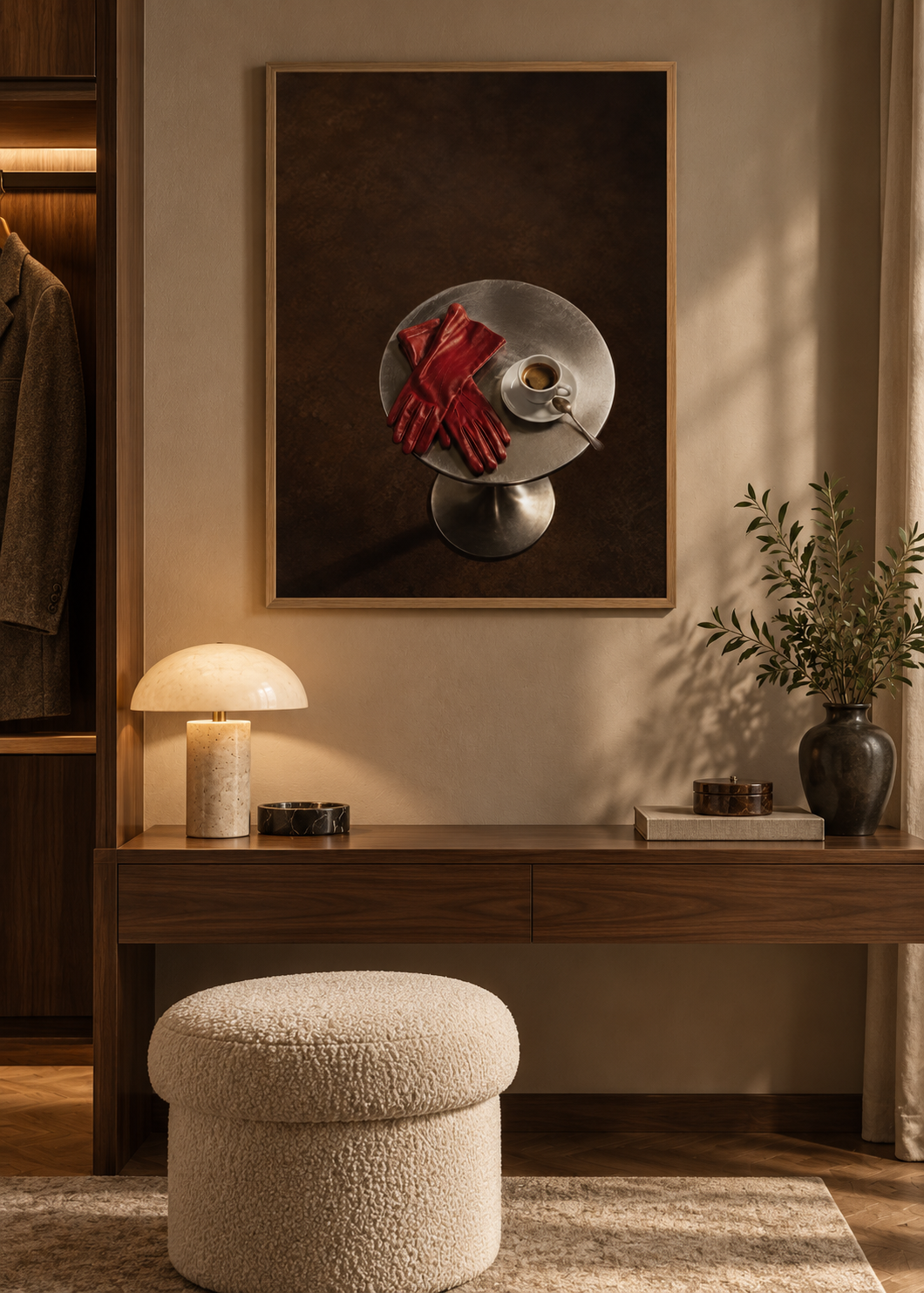 Espresso and Red Gloves framed art print in a sophisticated dressing room