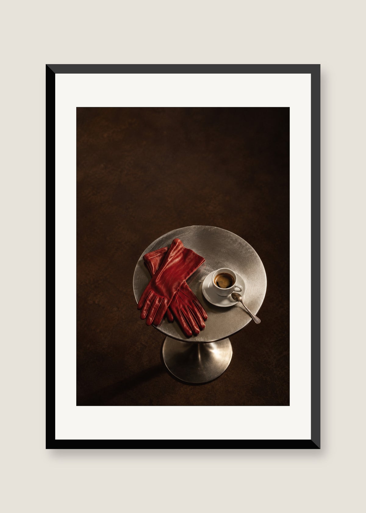 Espresso and Red Gloves, White mat with black frame