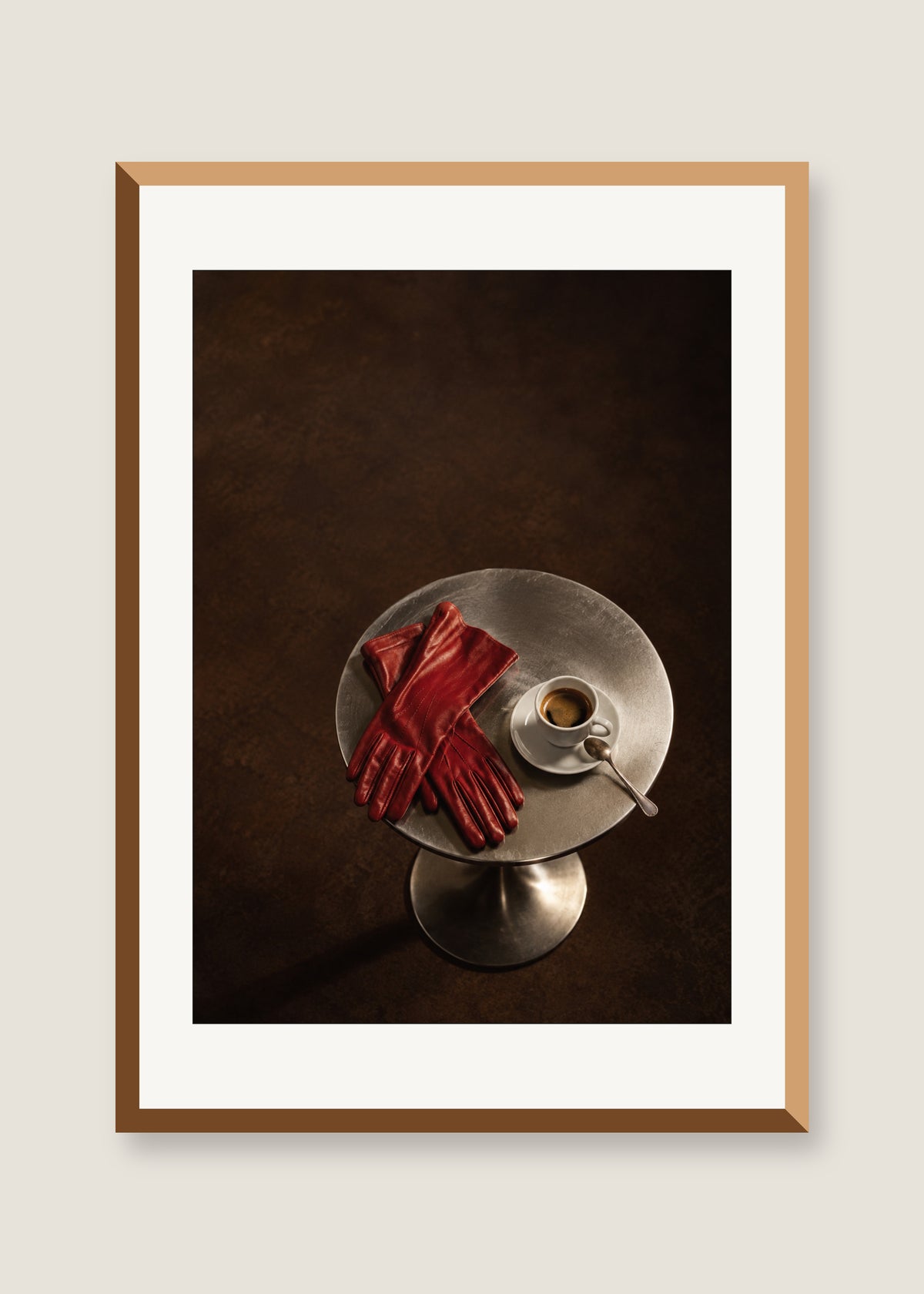 Espresso and Red Gloves, White mat with natural oak frame