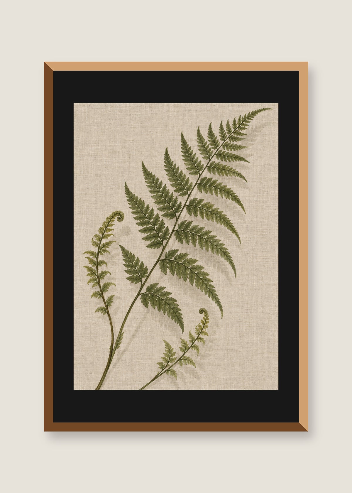 Fern on Linen, Black mat with natural oak frame