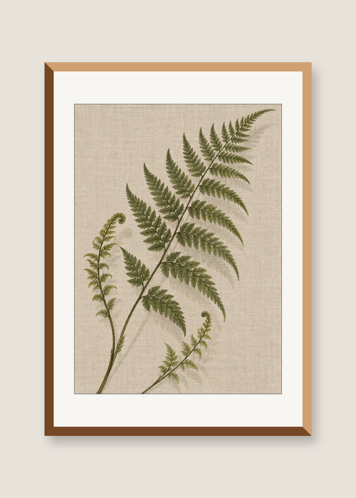 Fern on Linen, White mat with natural oak frame