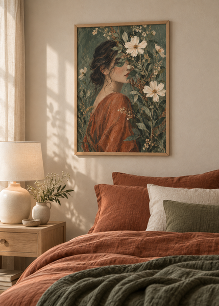 Garden Veil, framed 50 by 70 centimetre art print styled in an interior