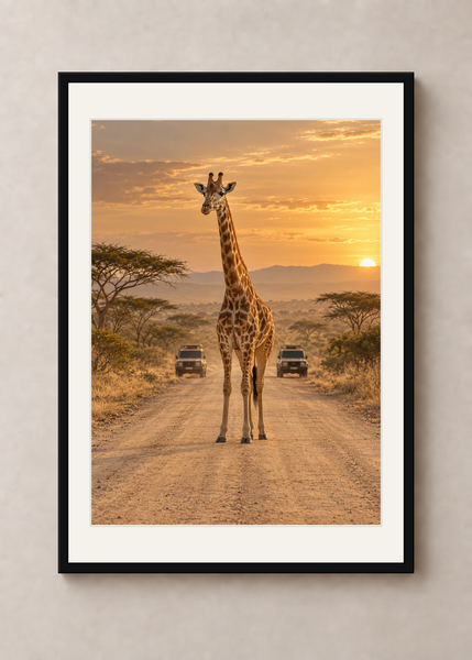 Giraffe Crossing, black framed 50 x 70 cm presentation with white mat