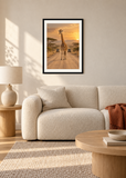 Giraffe Crossing, black framed lifestyle room presentation with white mat