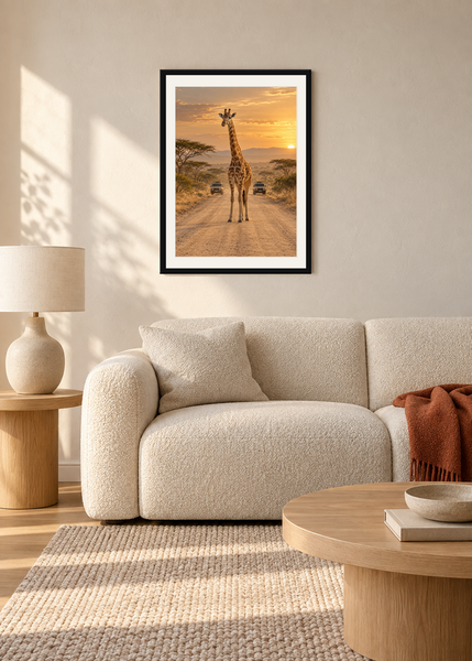 Giraffe Crossing, black framed lifestyle room presentation with white mat