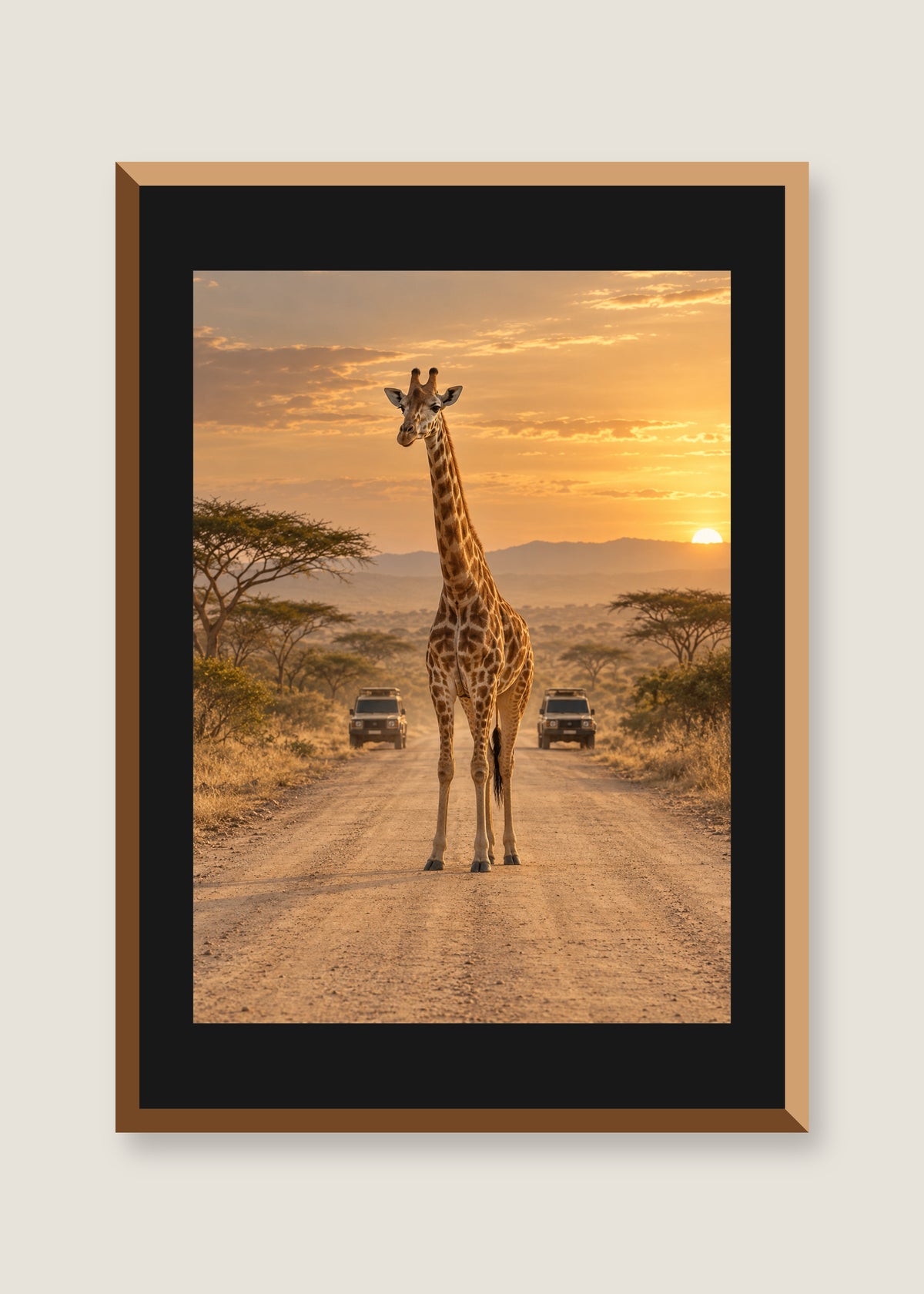 Giraffe Crossing, Black mat with natural oak frame