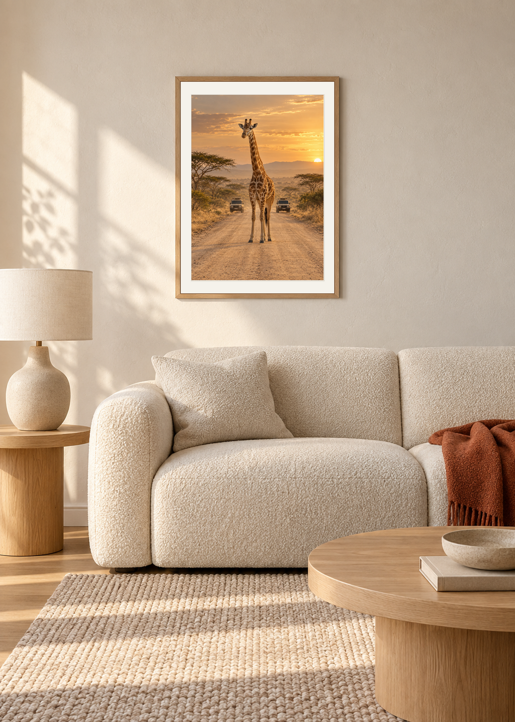 Giraffe Crossing, oak framed lifestyle room presentation with white mat