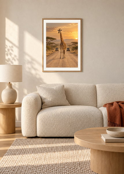 Giraffe Crossing, oak framed lifestyle room presentation with white mat