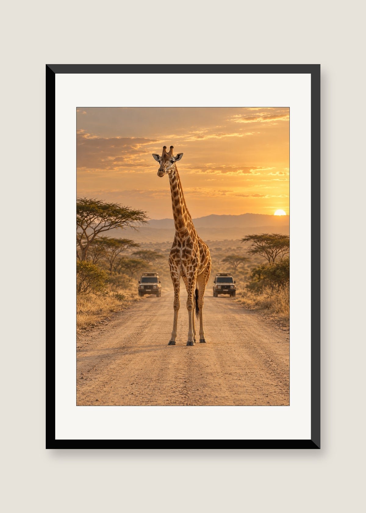 Giraffe Crossing, White mat with black frame