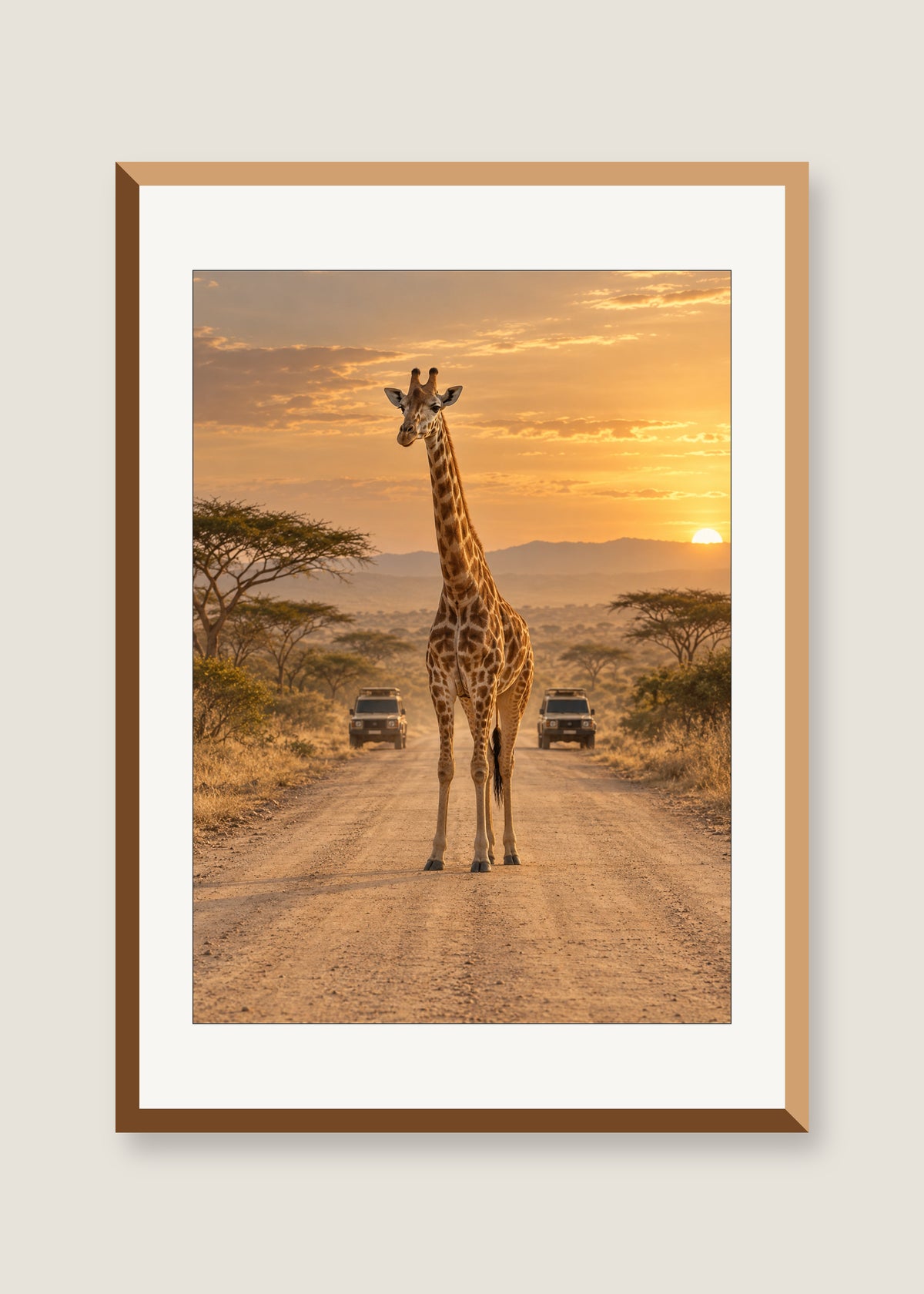 Giraffe Crossing, White mat with natural oak frame