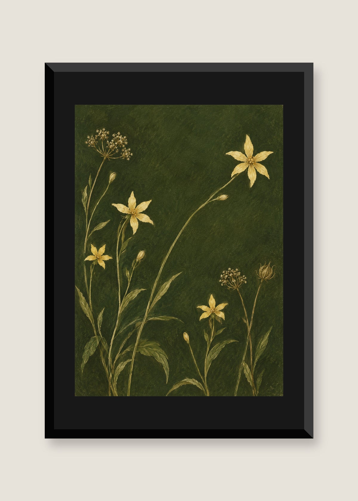 Golden Stems on Moss, Black mat with black frame