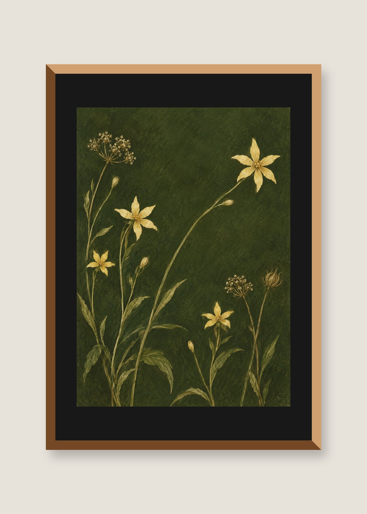 Golden Stems on Moss, Black mat with natural oak frame