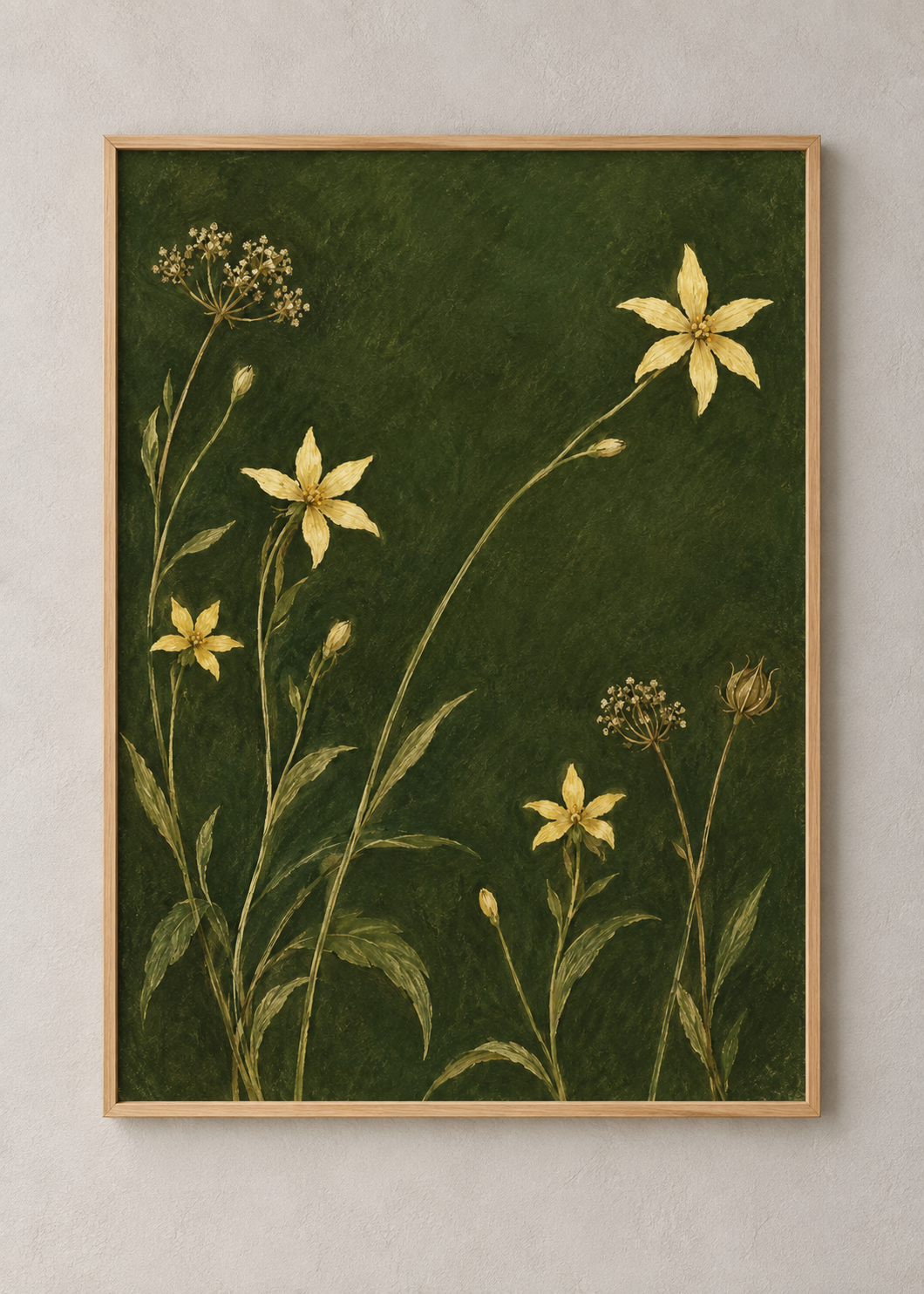 Golden Stems on Moss framed natural oak 50 x 70 cm art print