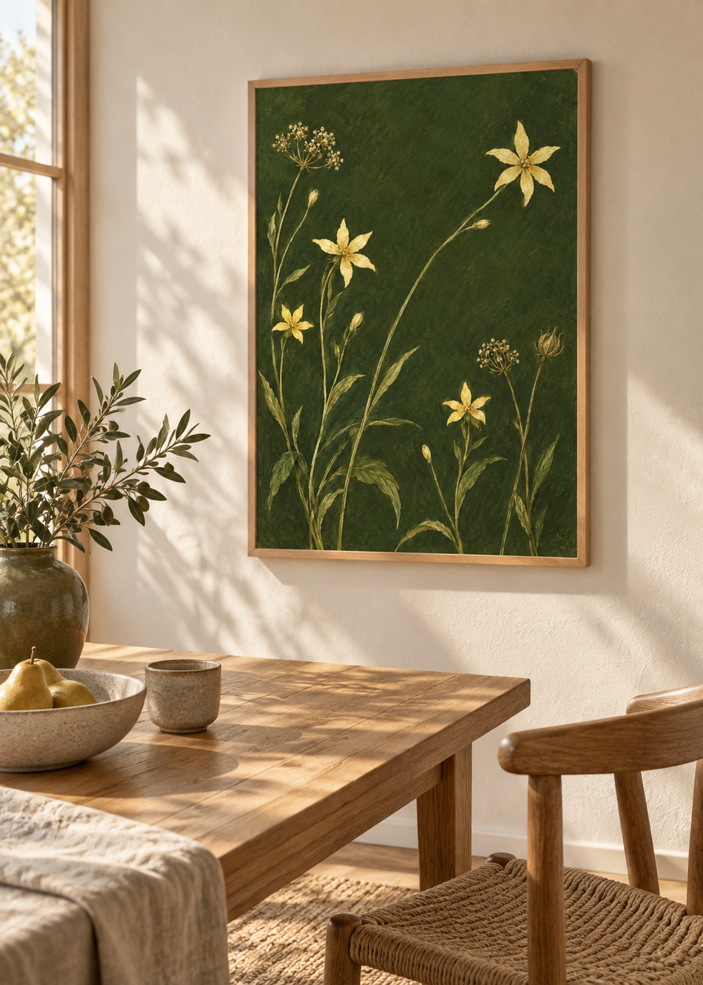 Golden Stems on Moss framed art print in a Nordic dining room