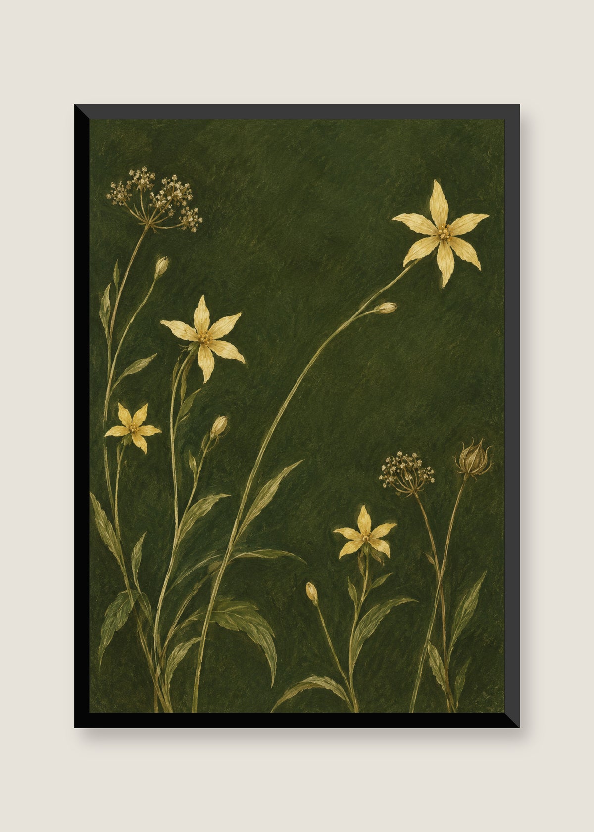 Golden Stems on Moss, No mat with black frame