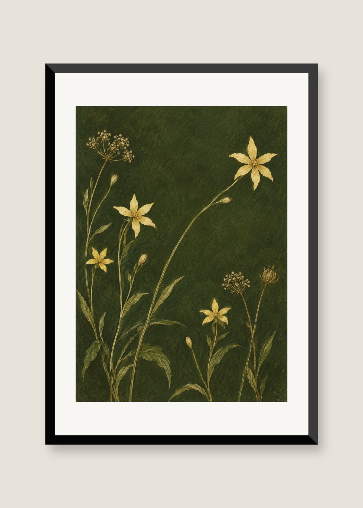 Golden Stems on Moss, White mat with black frame