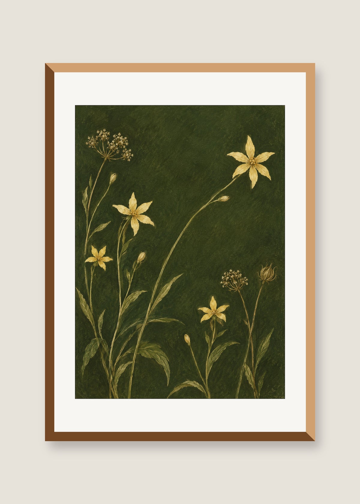 Golden Stems on Moss, White mat with natural oak frame