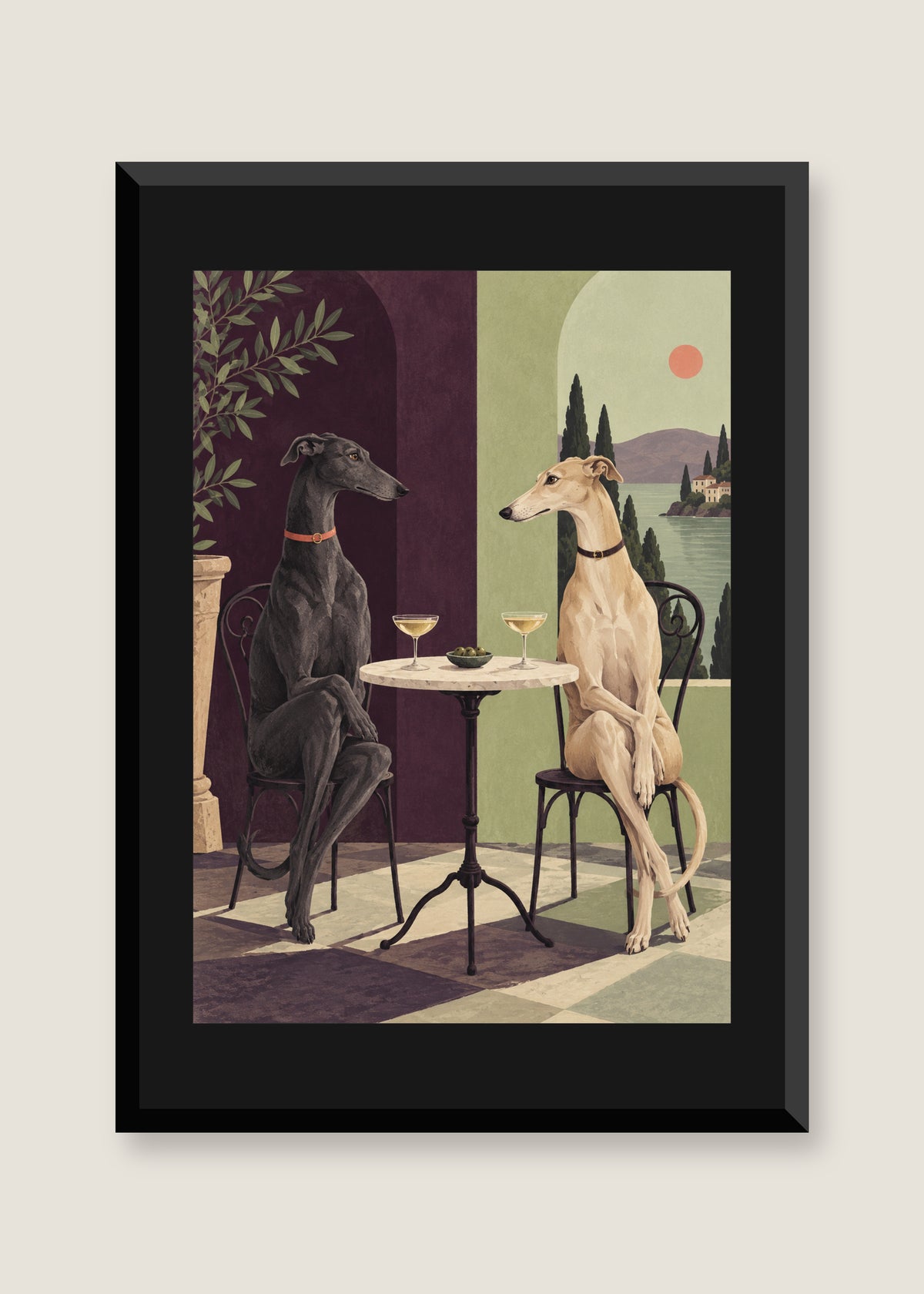 Greyhounds at Five, Black mat with black frame