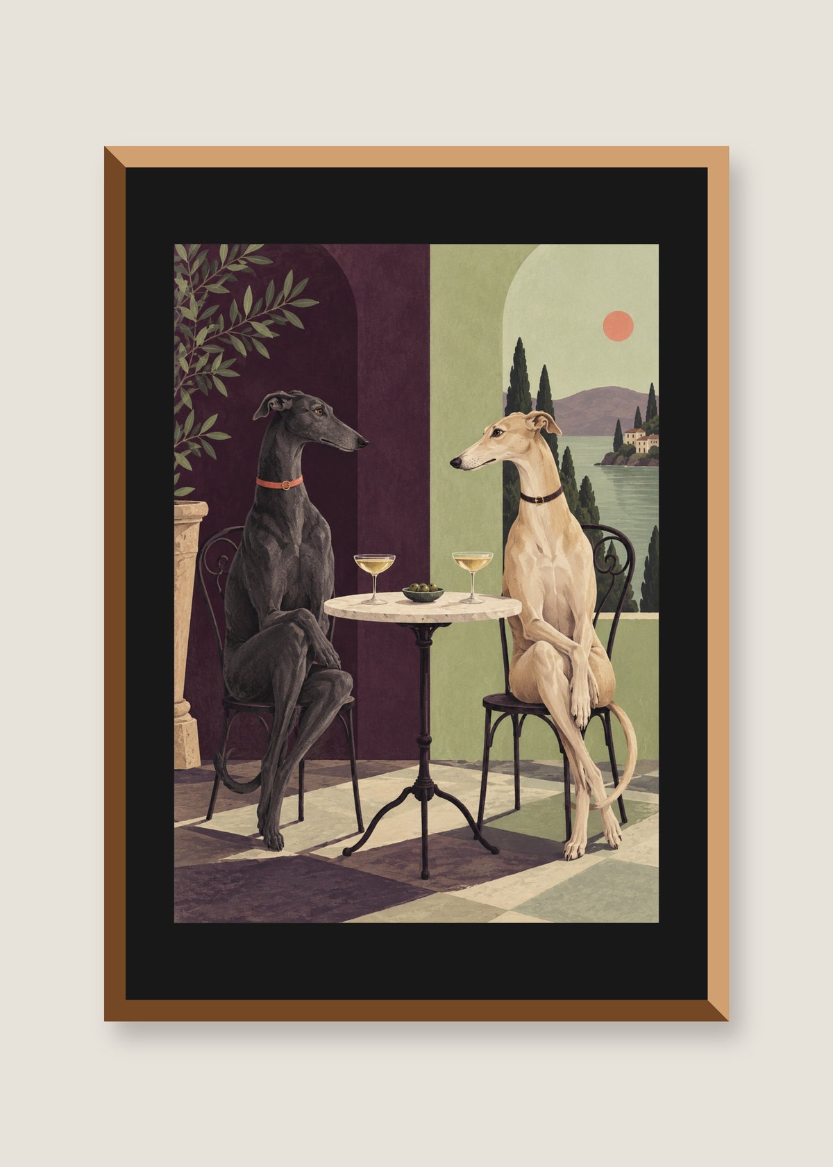 Greyhounds at Five, Black mat with natural oak frame