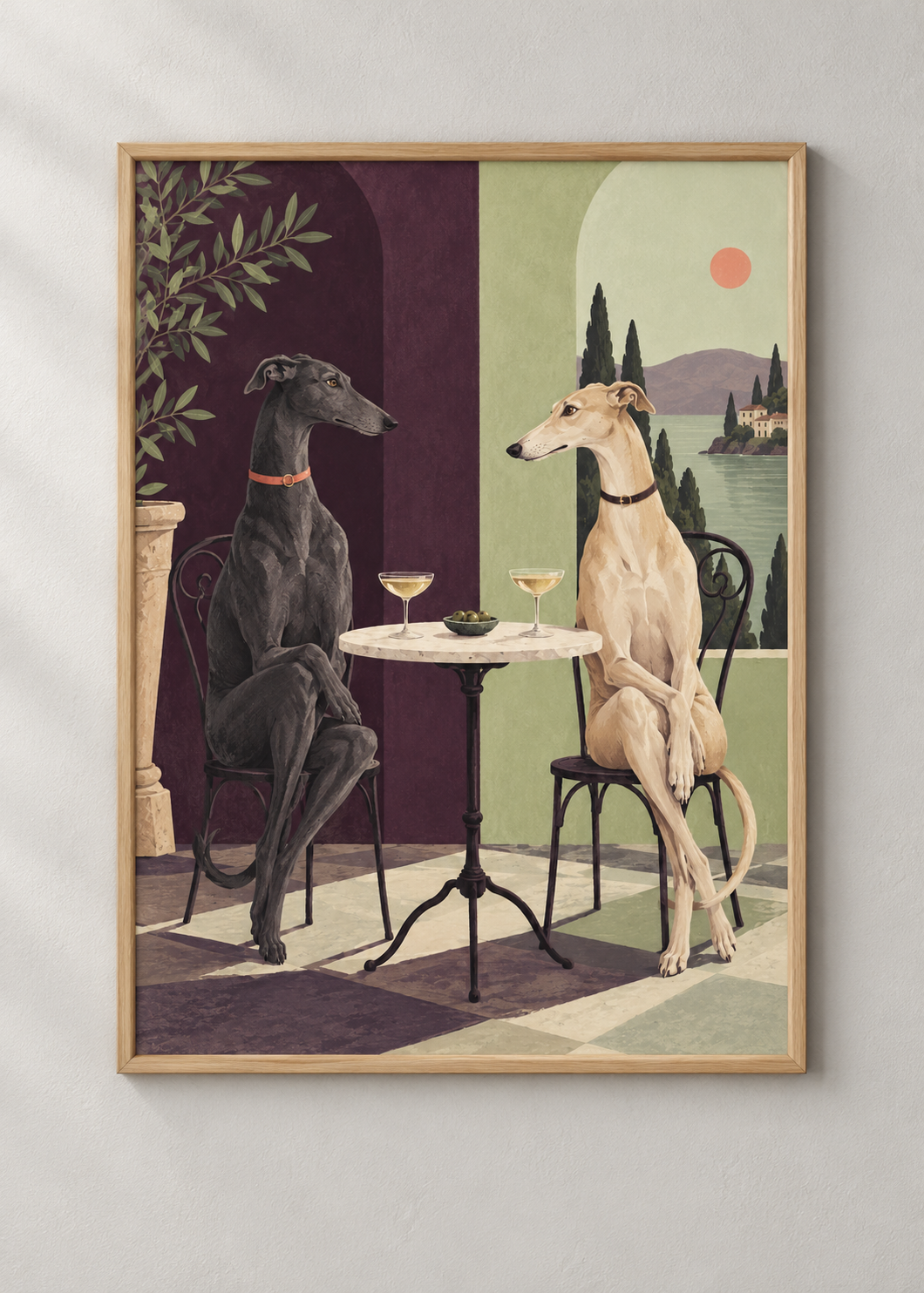 Greyhounds at Five framed natural oak 50 x 70 cm art print