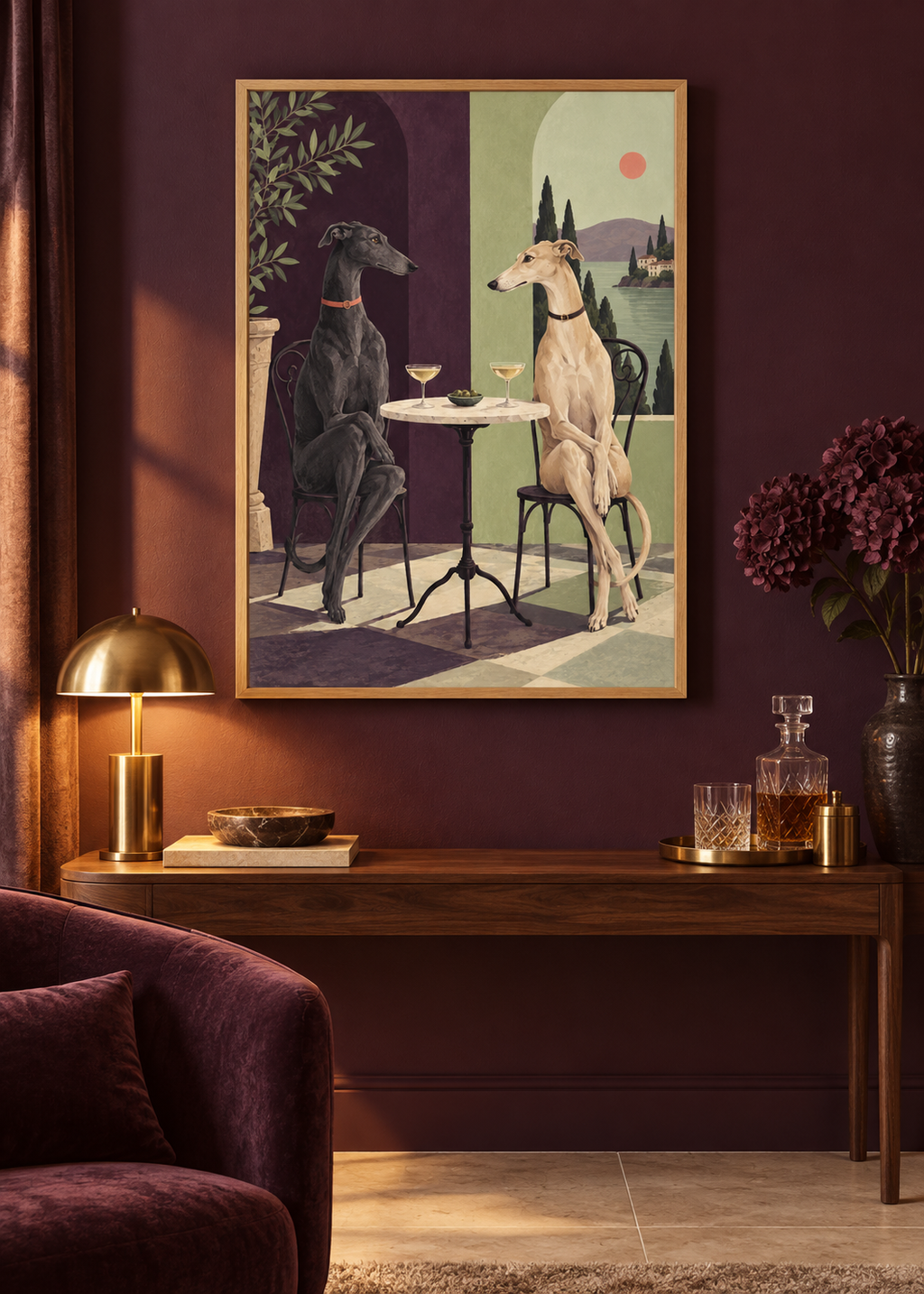 Greyhounds at Five framed art print in a styled interior