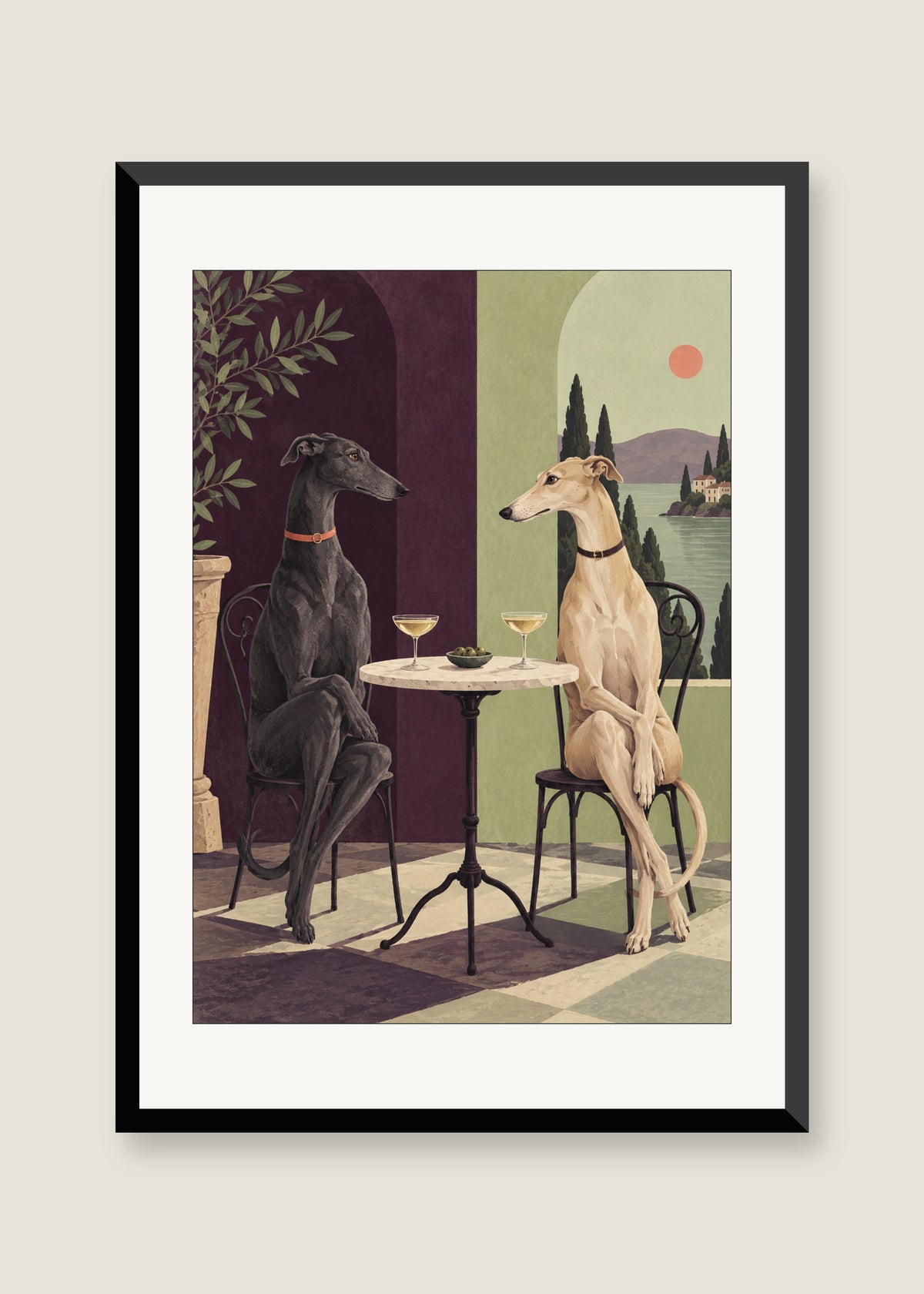 Greyhounds at Five, White mat with black frame