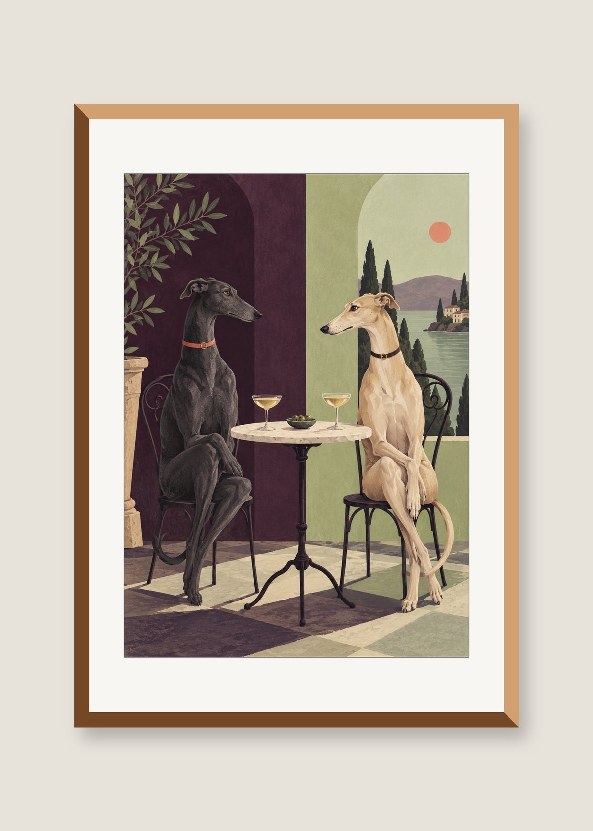 Greyhounds at Five, White mat with natural oak frame