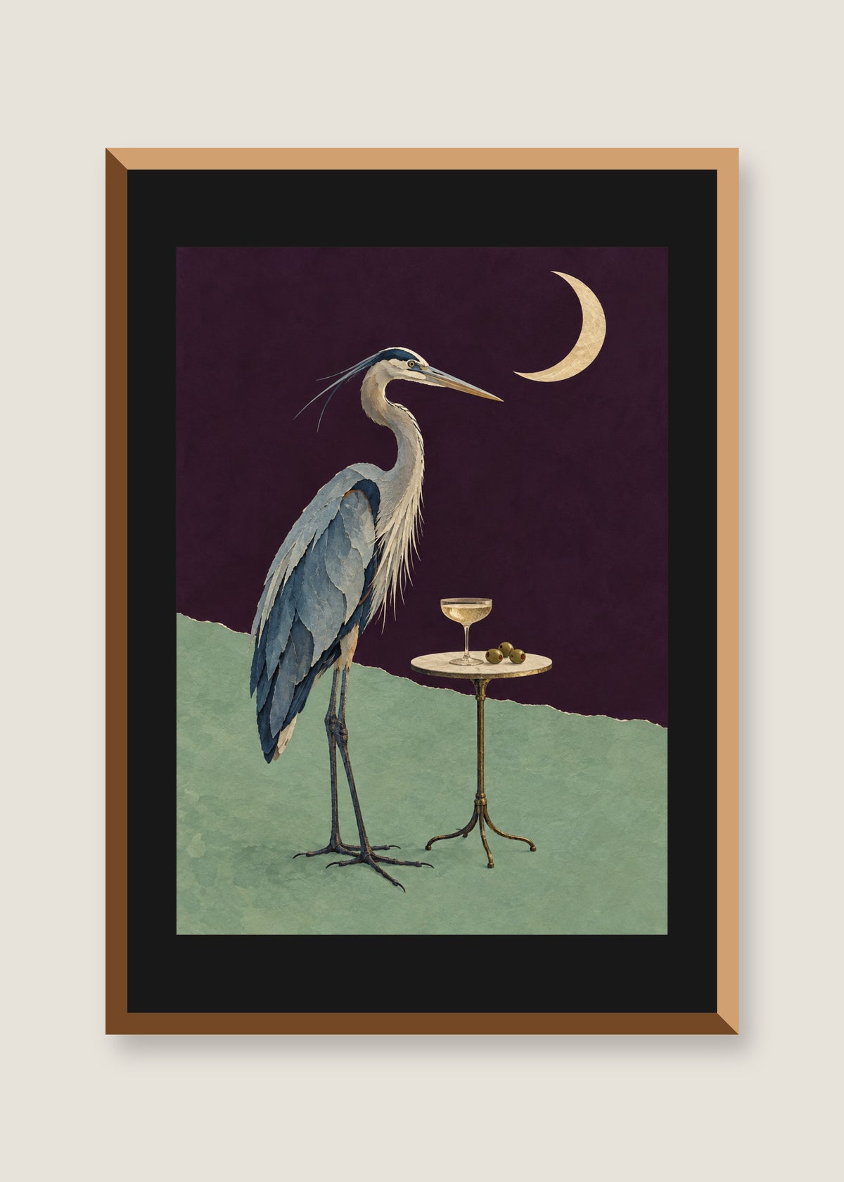 Herons After Midnight, Black mat with natural oak frame