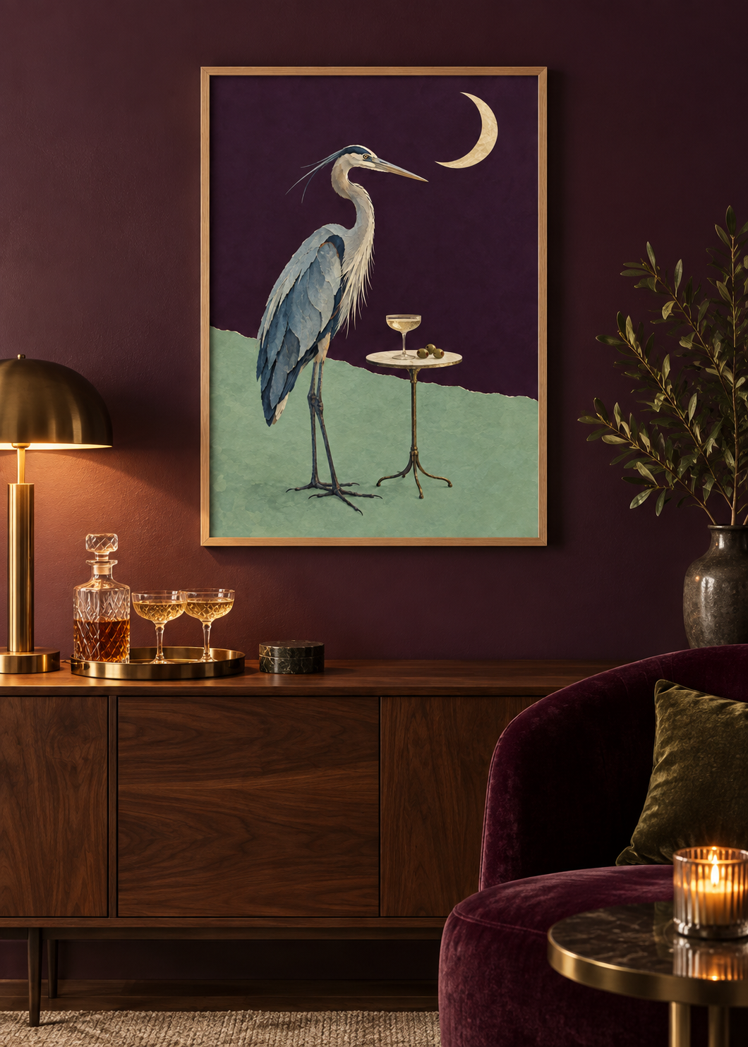 Herons After Midnight framed art print in an upscale cocktail corner
