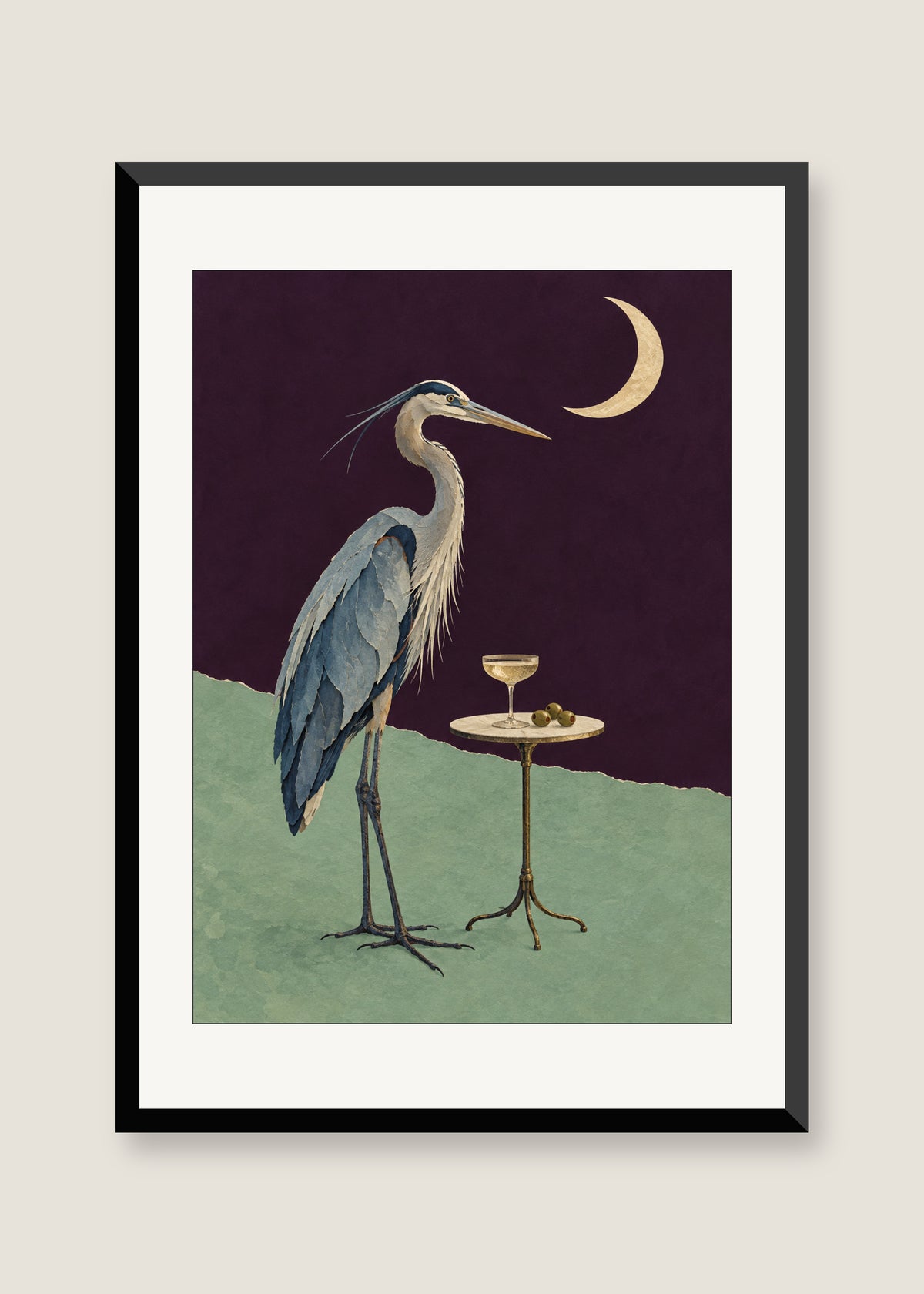 Herons After Midnight, White mat with black frame