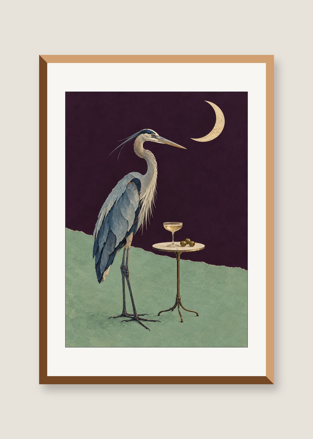 Herons After Midnight, White mat with natural oak frame